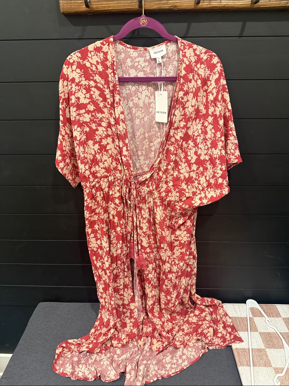REYSON Red Floral Tie-Front Kimono